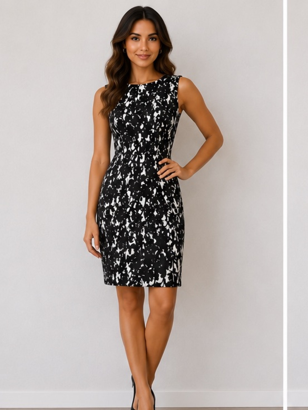 Calvin Klein Black & White Printed Midi Sheath Dress